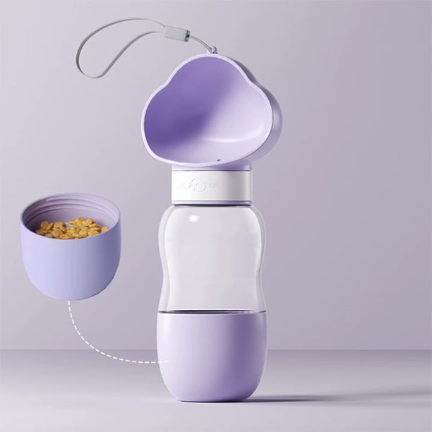 Botella de agua portátil para perros con tazón de alimentación, 25.5 cm, plástico de grado alimenticio, a prueba de fugas, incluye cordón para viajes y paseos al aire libre.