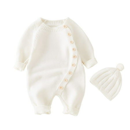 KyCheLot 0-18 Months Newborn Baby Sweater Jumpsuit Hat Knit Button Romper Bodysuit Girls Boys Winter Set