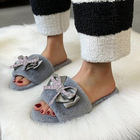 

〖Yilirongyumm〗 Grey 37 Slippers For Women Flat Slippers Furry Bowknot Women s Fashion Feet Home Furnishing Color Solid Women s Slipper
