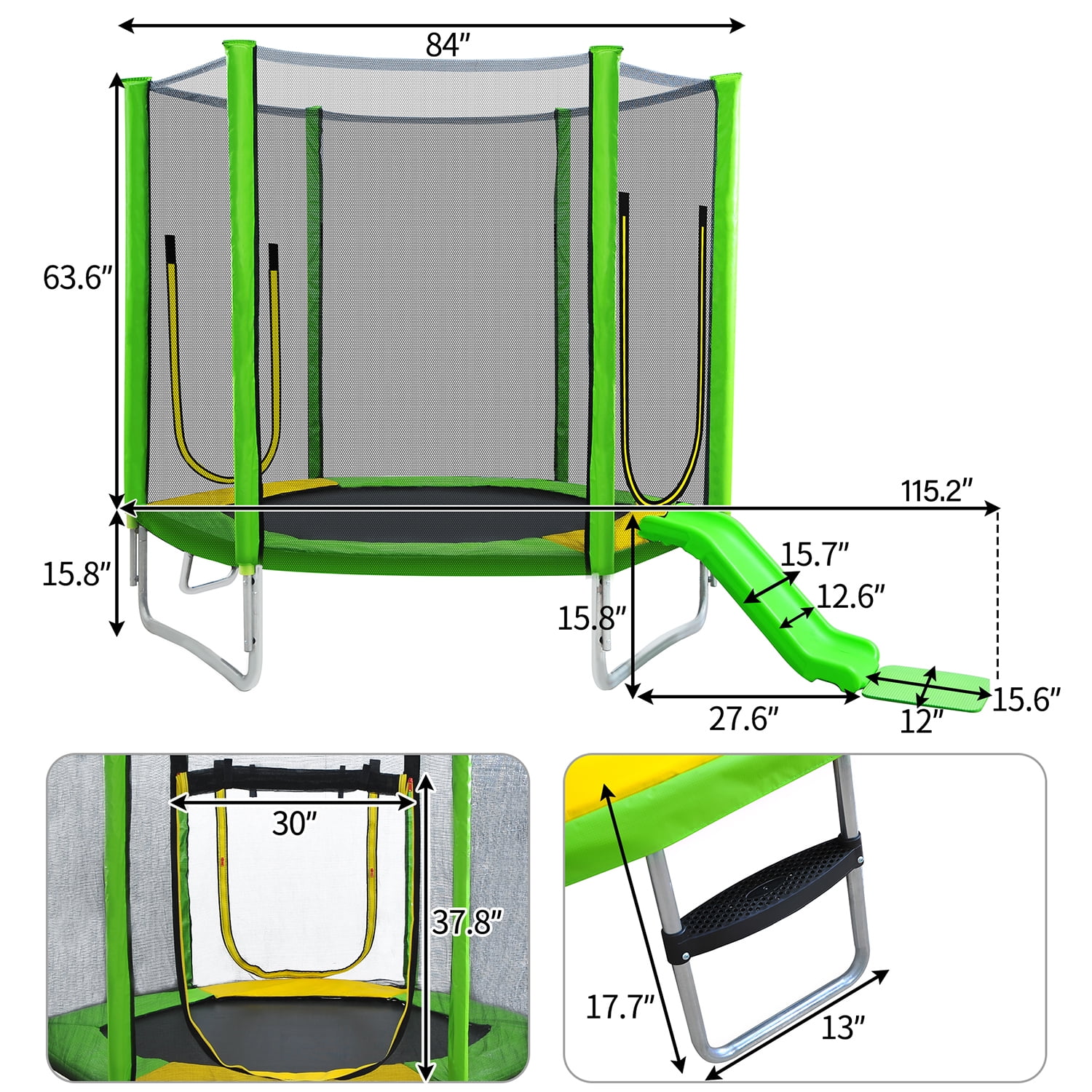 Kadyn 7FT Jumping Toddler Trampoline with Slide and Ladder, Kids Outdoor Trampoline with Safety Enclosure Net, Green