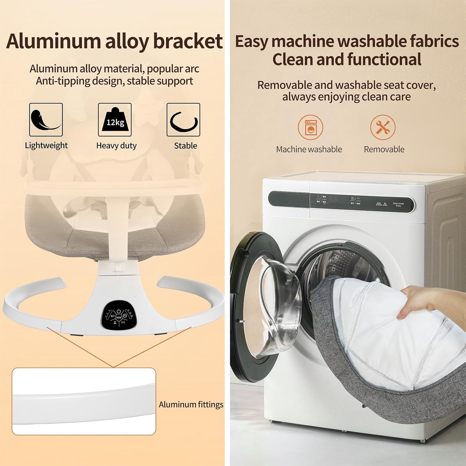 OEIKPFN Electric Baby Swing for Infants Bouncer for Boy Girl with Remote Control, 5 Speeds, 10 Music, Gray