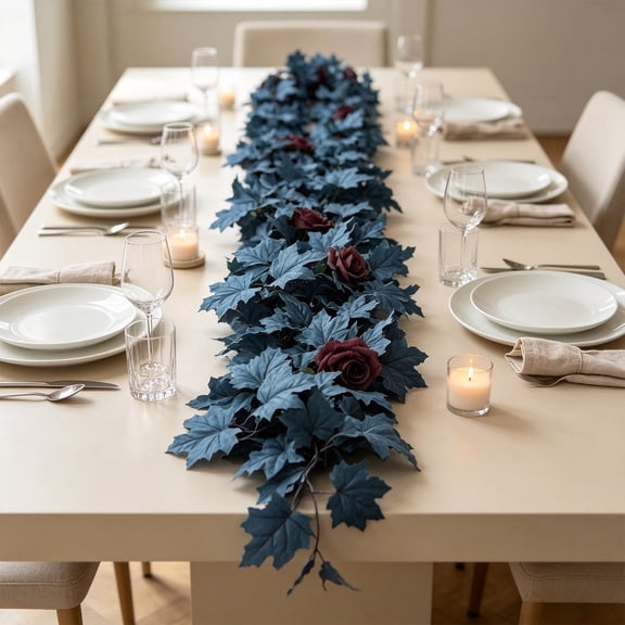 Tibetan Blue Artificial Maple Leaf Vines, White and Navy Plastic Hanging Fall Leaf Garland, 175cm Long Staircase, Dining Table, Fireplace All Season Decoration