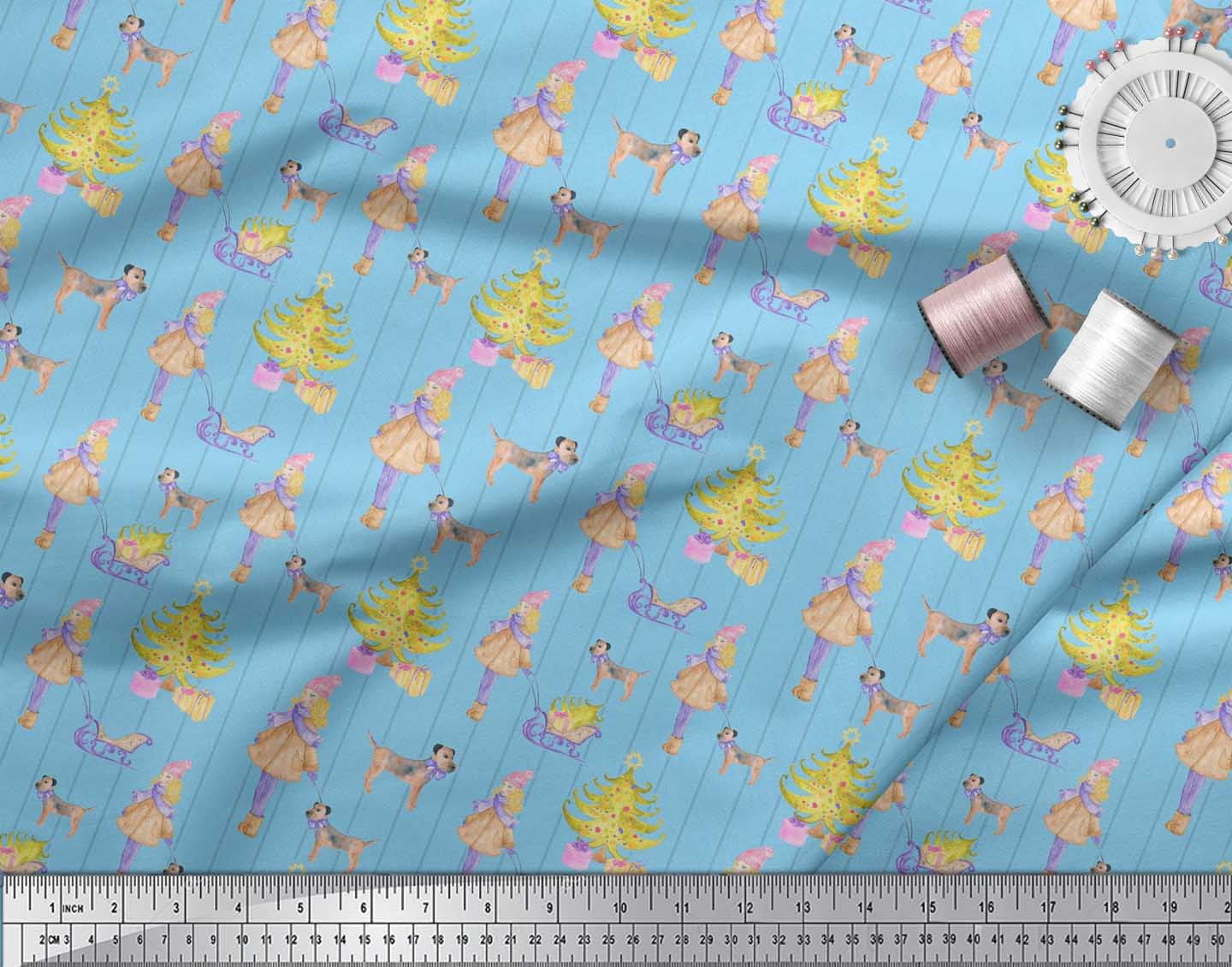 Soimoi Blue Rayon Crepe Fabric Women,Gift Box & Tree Christmas Print Fabric by the Yard 46 Inch Wide