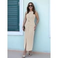 thumbnail image 3 of Work Dresses for Women 2025 Business Formal Long Dress Sleeveless Button Down Elegant Office Outfits with Belt Beige XS, 3 of 5