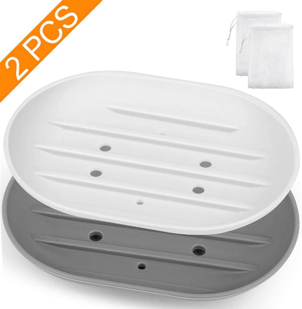 2PCS Silicone Soap Dish Soap Holder Rack Tray Plate Saver Storage Bath Bathroom 