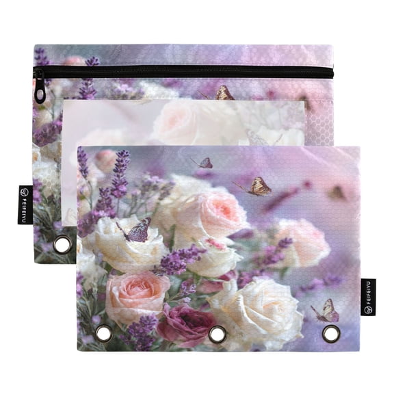 2 Pack 3 Ring Binder Pouch with Clear PVC Window Water Resistant Zipper Pencil Pouch White and Pink Roses Binder Pocket for Classroom Office Home Stationery Organization