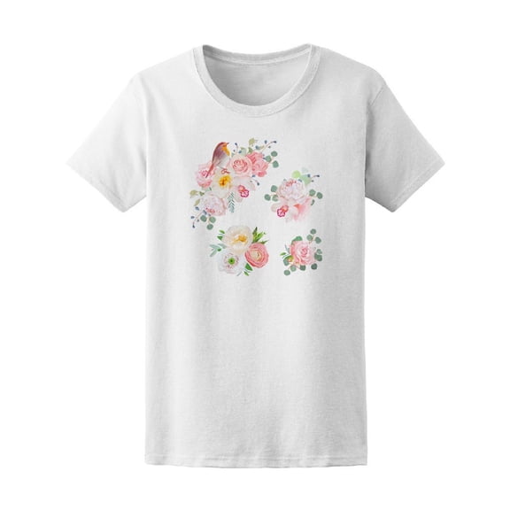 Spring Delicate Bouquets And Cute Robin Bird Objects Peachy And Pink Rose