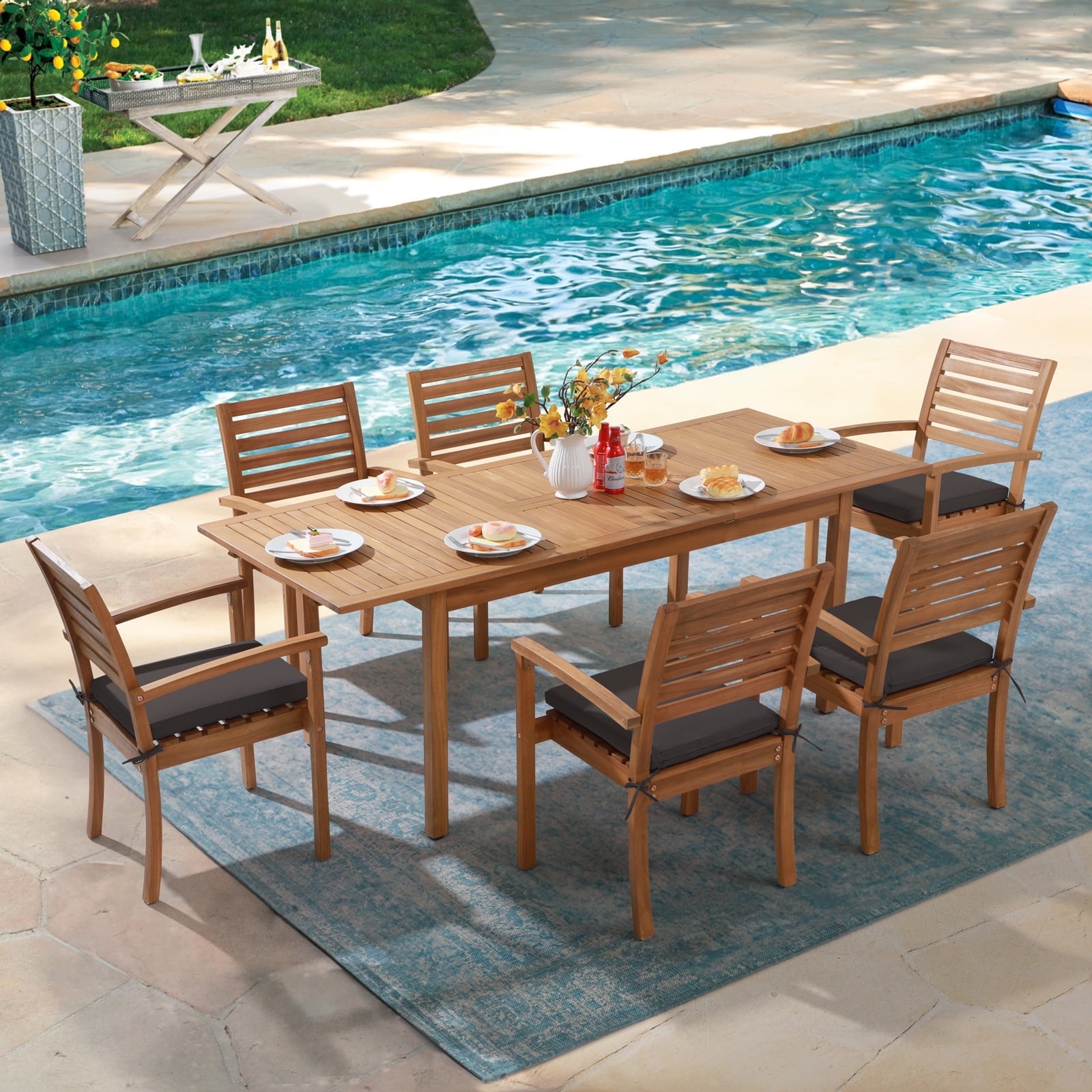 7 Piece Patio Dining Set, Outdoor Acacia Wood Furniture Set, Extendable Rectangular Table and 6 Stackable chairs, Removeable Fabric Dark Gray Cushion, FSC Certified, for Deck Garden Backyard
