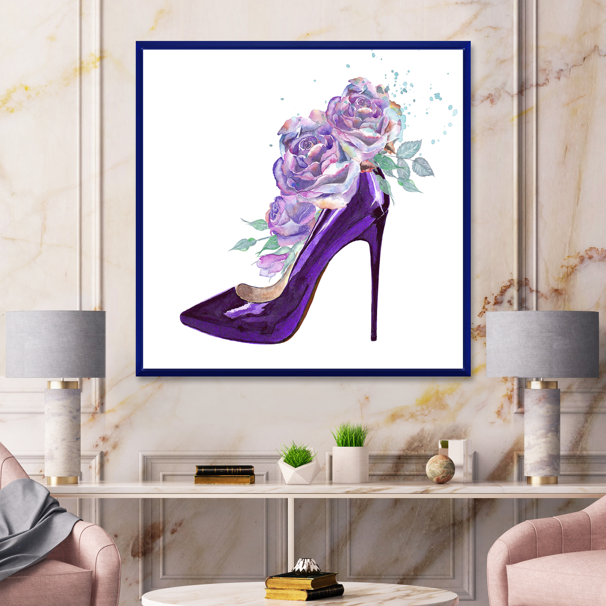 Designart 'Pink VIolet Roses With Dark Purple Stiletto Shoe' Traditional Framed Canvas Wall Art Print