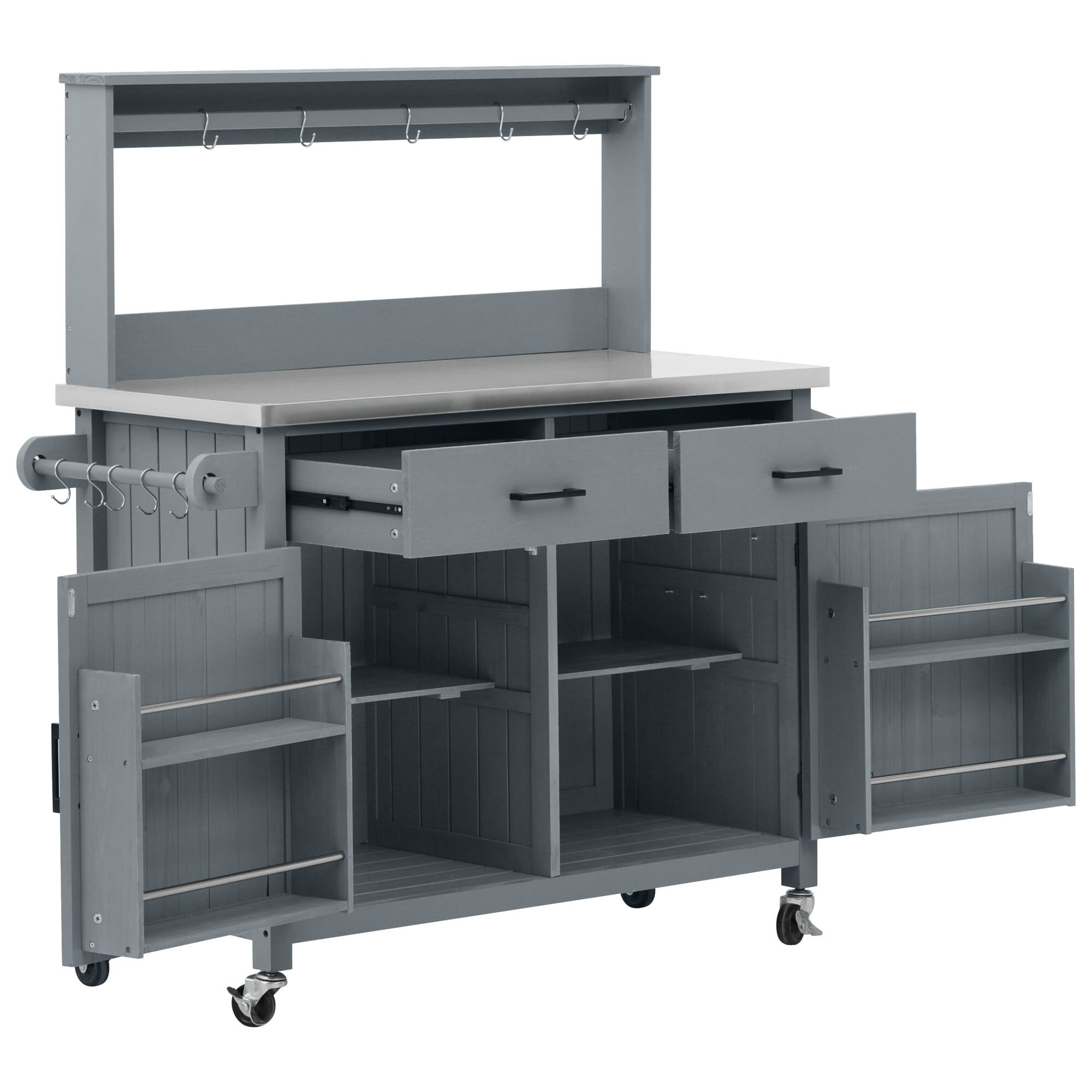 AENKYO 54" Outdoor Kitchen Island, Rolling Grill Cart & Potting Bench with Stainless Steel Top, BBQ Prep Station, Blue