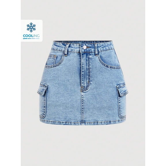 Womens Light Wash Blue Denim Mini Skirt With Cargo Flap Pockets