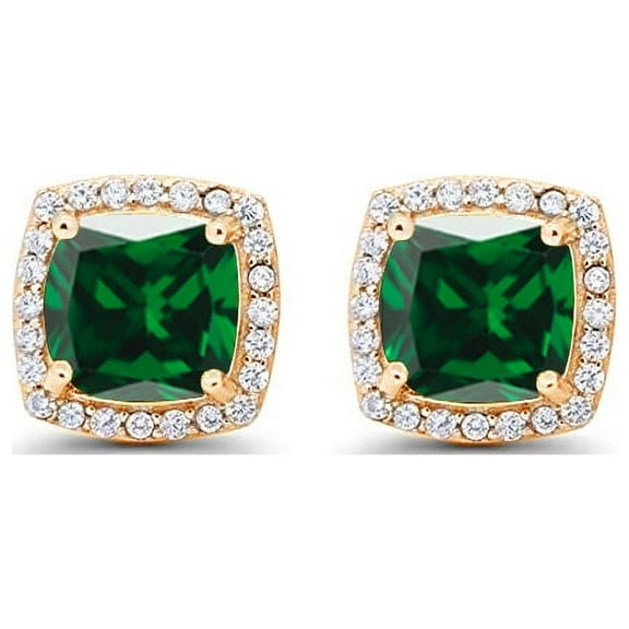 Paris Jewelry 24k Yellow Gold 3Ct Created Halo Princess Cut Emerald Stud Earrings Plated