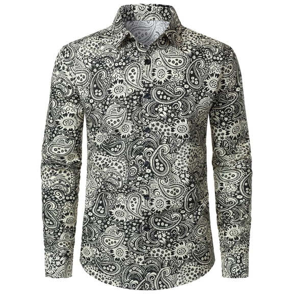 CONZONE Mens 70S Disco Buttons Down Shirts Long Sleeve Hippie Shirts for Men Trendy Floral Graphic Lapel Soft Lightweight Tops
