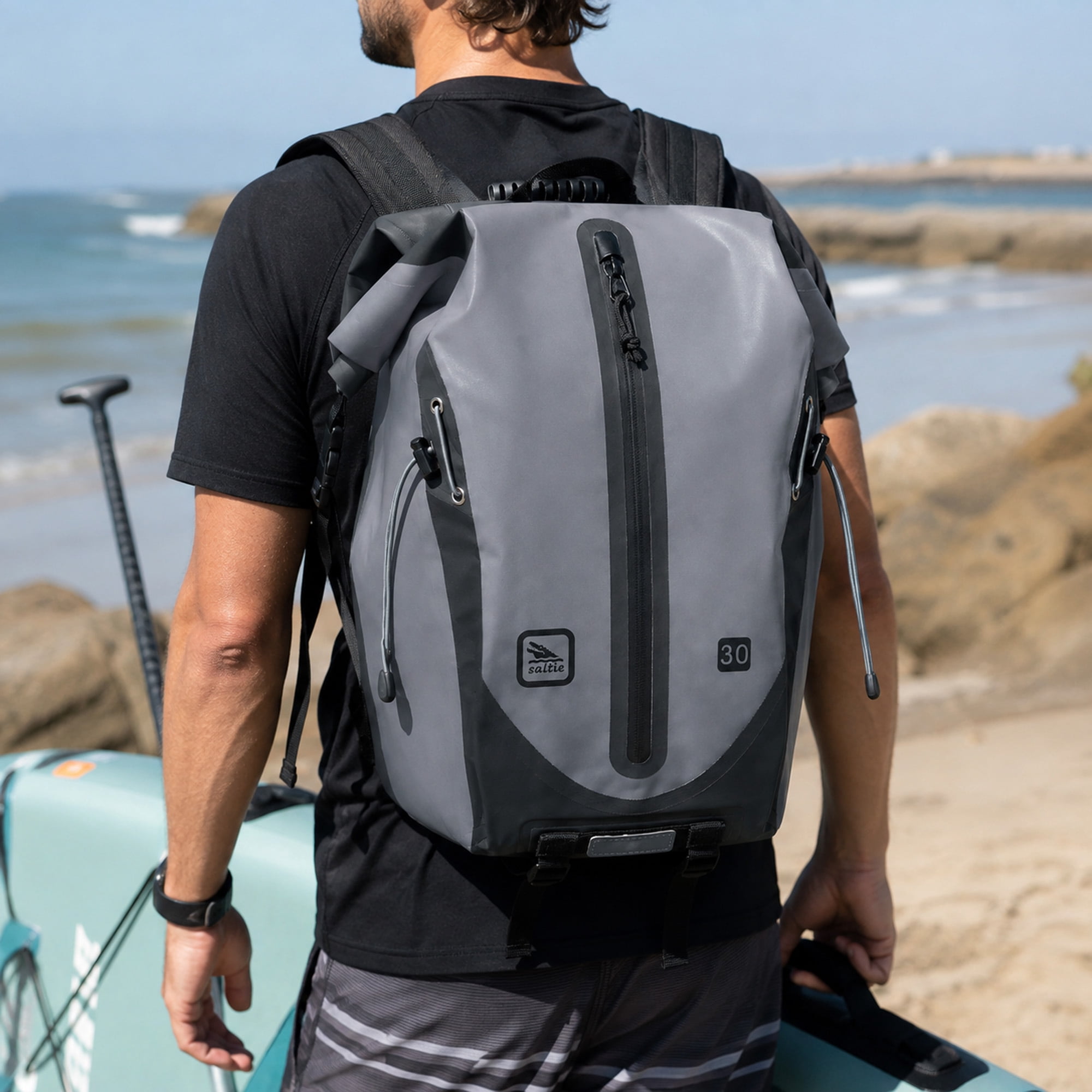 30L Waterproof Dry Bag Backpack with Roll-Top Closure, Front Mesh Pocket and Padded Straps, Gray
