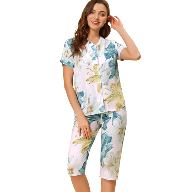 Conjunto De Pijama De Salón Elegante Con Botones En La Parte Delantera Y Cuello En V Floral Para Mujer Blanco S
