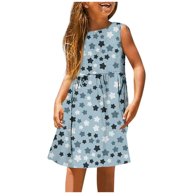 Robes Filles Mode Mignon Printemps et Été Imprimé Col Rond Sans Manches Décontracté Robe Tout-Petit Marron 7-8 Ans