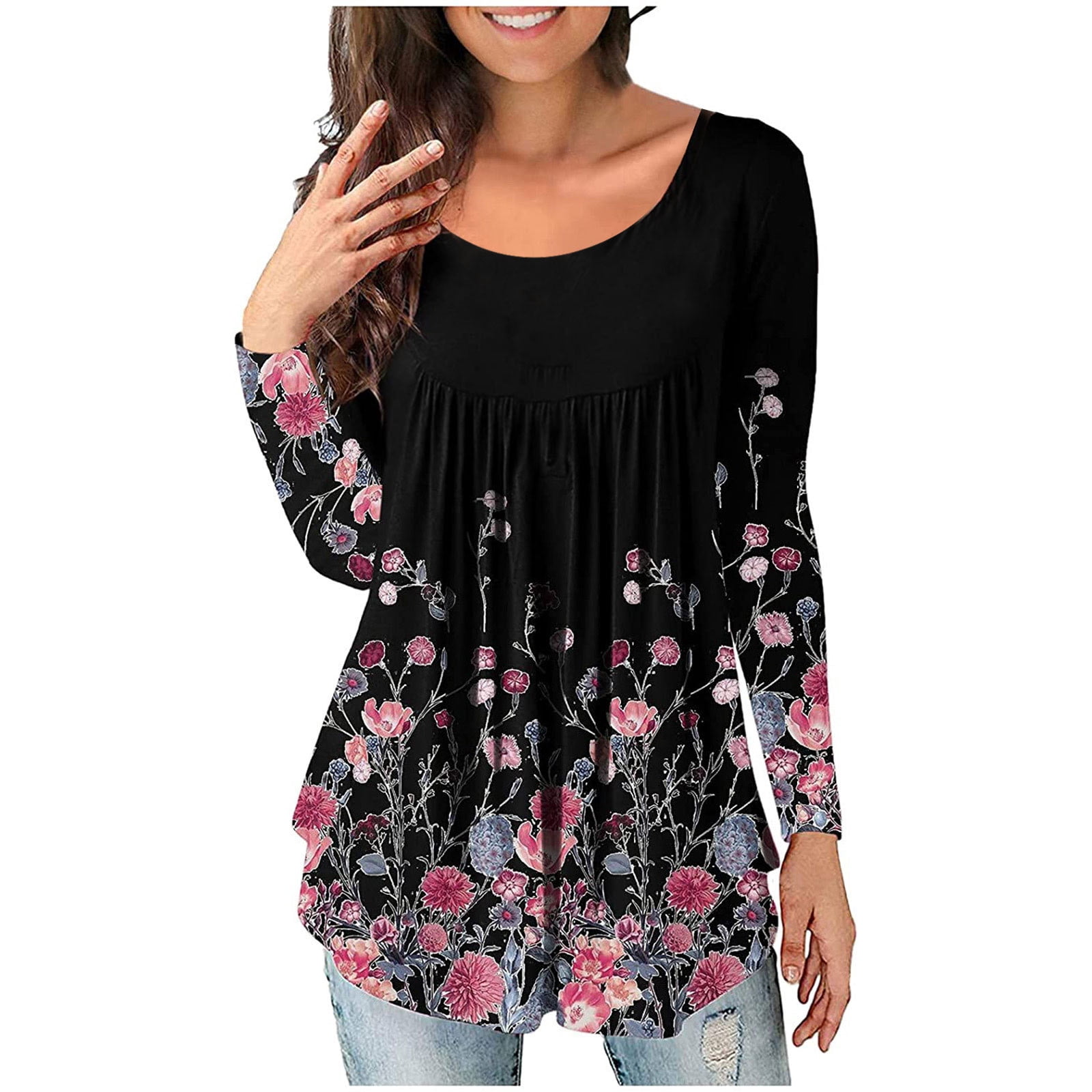 Woman Summer Fall Long Sleeve Blouse Crewneck V Neck Graphic Blouse Tee for  Women C5 - Walmart.com