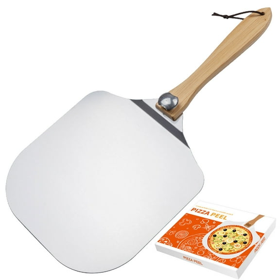 Pizza Peel Pizza Spatula, 12 Inch Aluminum Pizza Shovel with Folding Wooden Handle, Pizza Rocker Cutter, Multipurpose Baking Transfer Tool for Pizza, Cakes, Gift-Ready