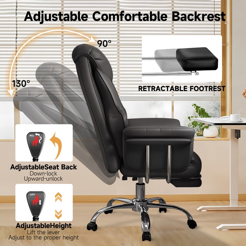 XUEGW Heavy-Duty 550 lbs Big and Tall Office Chair, Wide Seat Leather Ergonomic Executive Desk Chair with Leg Rest, Adjustable Height Computer Gaming Chair, Black