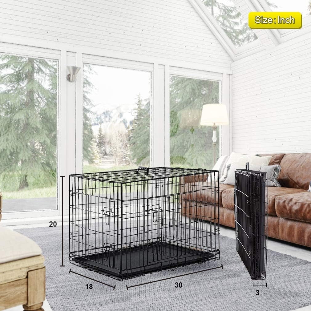 BestPet Large Dog Crate, 30in, Metal Wire, Double Door, Folding, Plastic Tray, Handle, Black