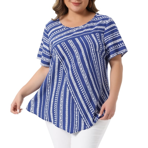 DARING DIVA Women's Plus Crew Neck Short Sleeve Boho Striped Blouse Top 1X Dark Blue