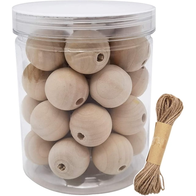 30pcs 30mm Cuentas de madera natural Cuentas sueltas de madera redondas sin terminar Cuentas espaciadoras de madera de gran tamaño con hilo de yute de 10m para hacer manualidades Decoración del h