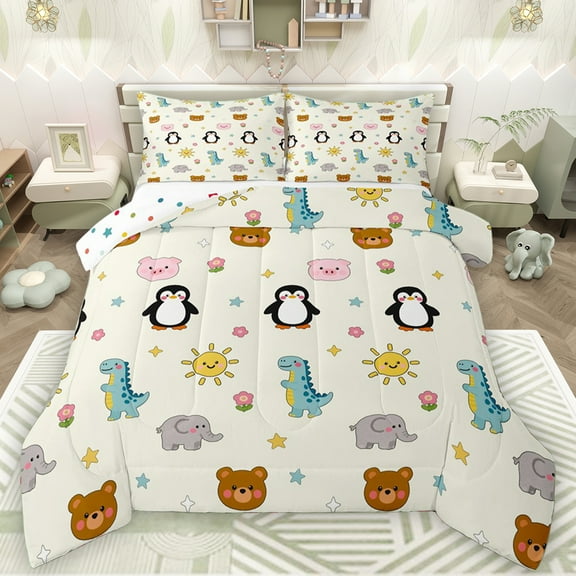 Manfei Kawaii Pig Penguin Bedding Comforter Set, Cute Dinosaur Elephant Bear Twin Comforter Sets, Cartoon Animal Theme Reversible Bedding Set, Super Cozy Room Decor, 2 Pieces