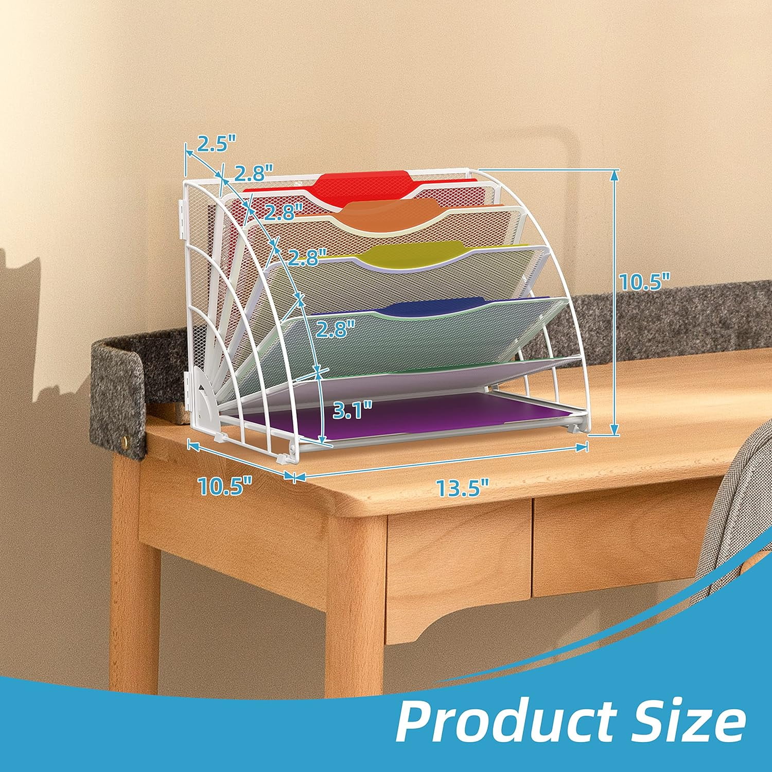 INTIGE Fan Shaped Desk File Organizer, 6 Compartments, Desktop Accessories for Workspace,White