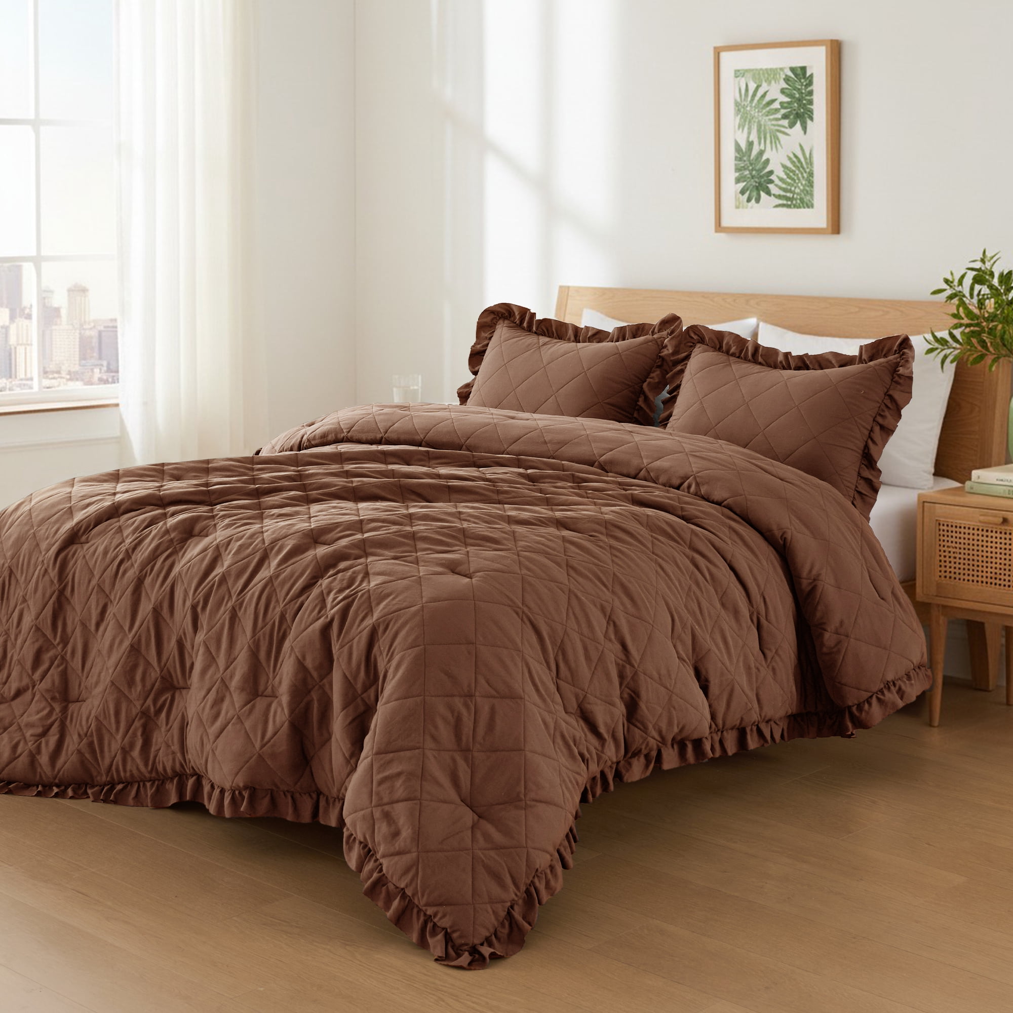 Regency Heights Full/Queen Comforter Set Brown, 3 Pieces Quilted Ruffle Comforters Full/Queen Size, Solid Bedding Comforters Sets, Gift for Women
