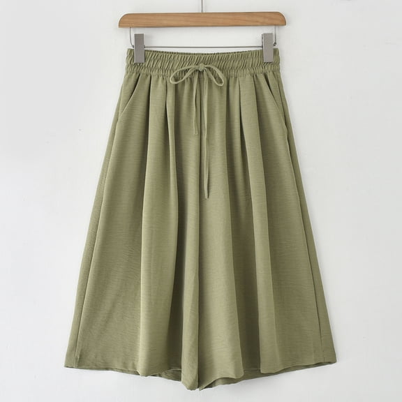 Ayolanni Green Capri Pants for Women Drawstring High Waist Cotton Linen Wide Leg Pants Lightweight Solid Work Business Cropped Pants L