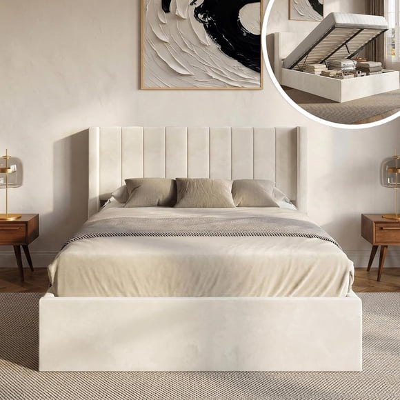 Placida Decor Ventus Queen Storage Bed - Ivory Velvet Upholstered Platform Frame with Lift-Up Space, Wooden Headboard, Box Spring Not Required