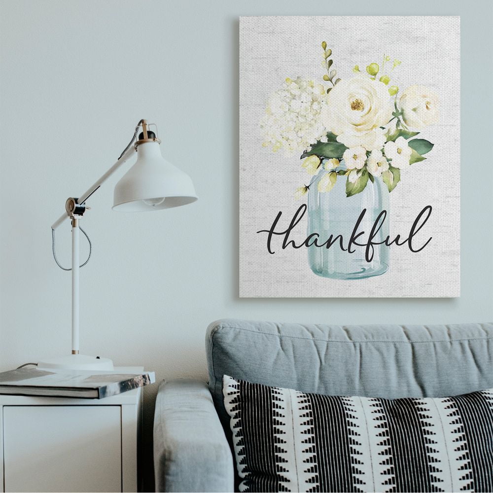 Stupell Industries Simple Thankful Phrase Over Country Floral Jar Canvas Wall Art Design by Lettered and Lined