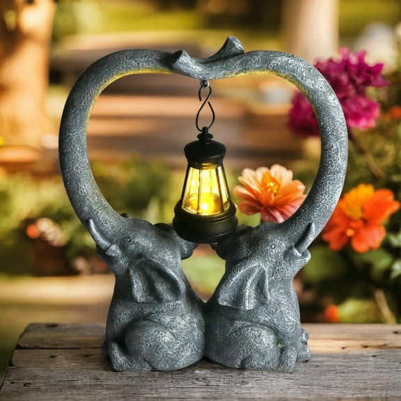 Solar Light 2 Elephants Garden Statues - Weatherproof Outdoor Decor for Patio/Porch Front Yard Decorations, Elephant Gifts for Women (Middle-Sized)