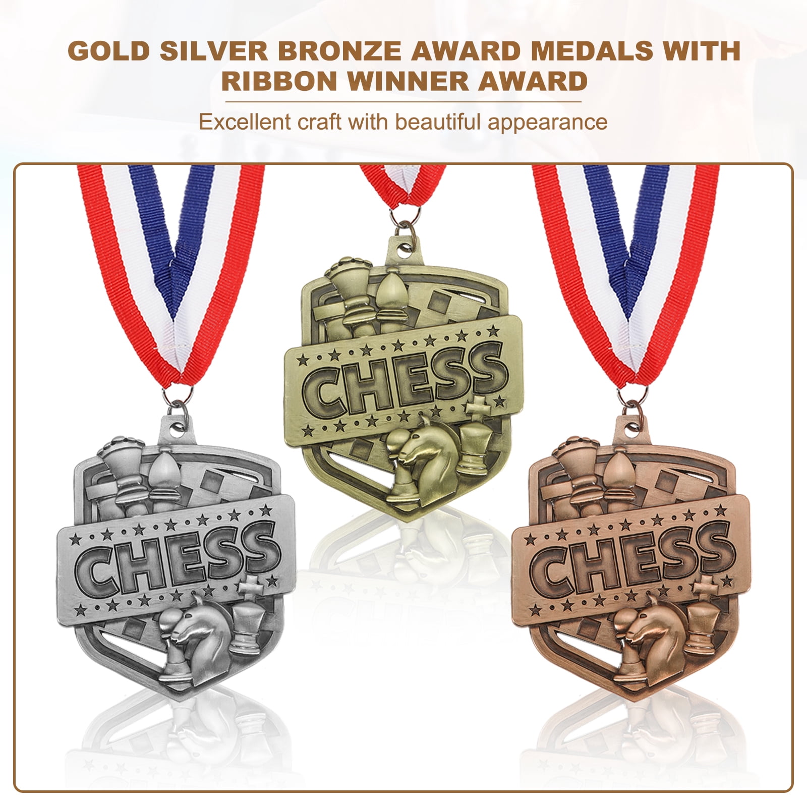 Uxcell Chess Tournament Gold Silver Bronze Award Medals with Red & White & Blue Ribbons, 9 Pcs Winner Medals Prizes for Competitions Sports Party, Gold/Silver/Red