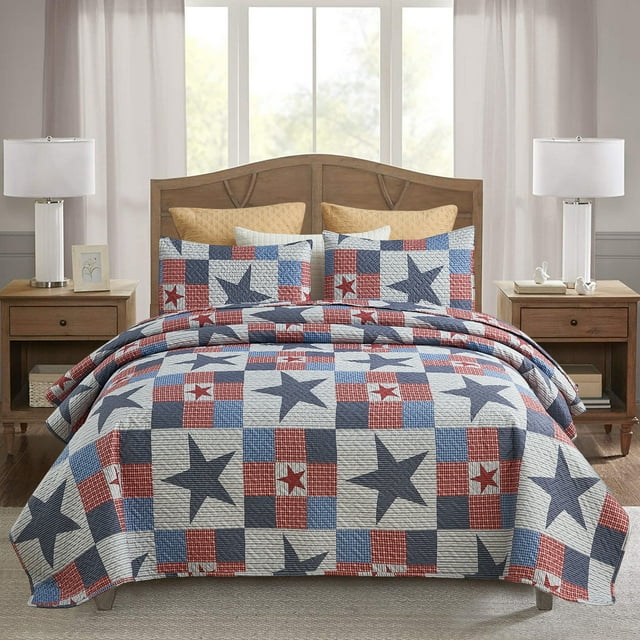 JML Bedspread Set, Queen, Navy & Red Stars, 3 Piece