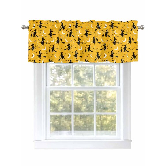 Halloween Witch Valances for Windows Moon Cartoon Fall Yellow Background Rod Pocket Curtains Valance Short Window Treatment Drapes for Living Room, Bedroom Bathroom 60" W x 18" L