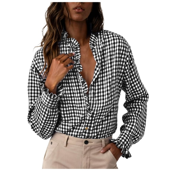 larppty Womens Plaid Ruffle V Neck Button Down Blouse Casual Long Sleeve Trendy Tops Work Checkered Shirt (Black, XXL)