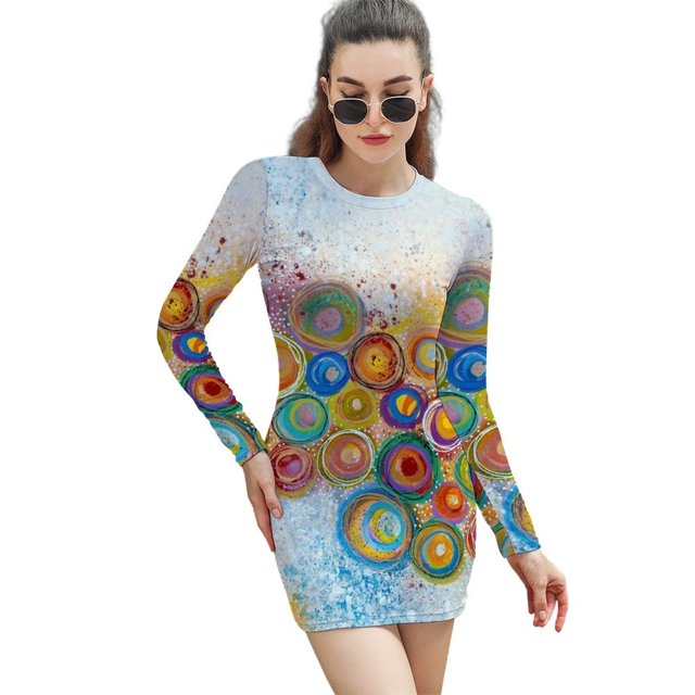 Une Robe Élégante de Jardin Femme Coréenne Kawaii Col Carré Robe Cercles Cercles Colorés Anneau St Infinity