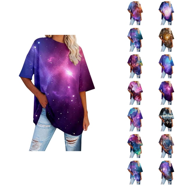Galaxy T-Shirts pour Femmes 2026 Mode Été Manches Courtes Col Rond Étoile Ciel Espace T-Shirts Graphiques