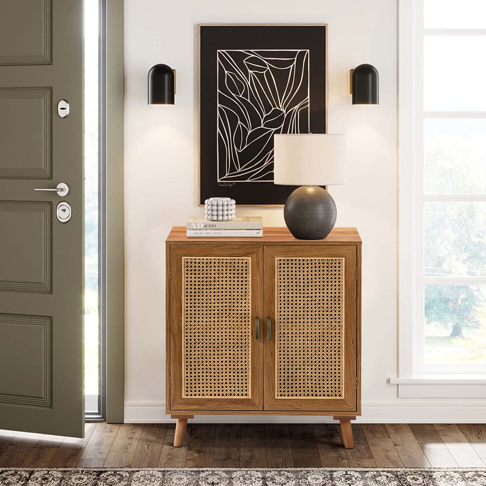 ModernLuxe Dining Room/Living Room Storage Cabinet with Two Drawers and Four Classic Rattan Basket Brown-Rustic