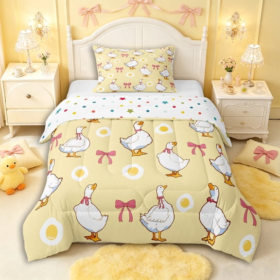 Manfei Kawaii Duck Twin Comforter Sets 3-Piece for Kids Girls Boys,Cute Animal Bowknot Bedding Set,Luxury Bedroom Decor