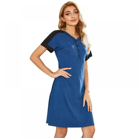 

Monfince Women V-neck Short Sleeve Nightdress Home Casual Patchwork Nightdress