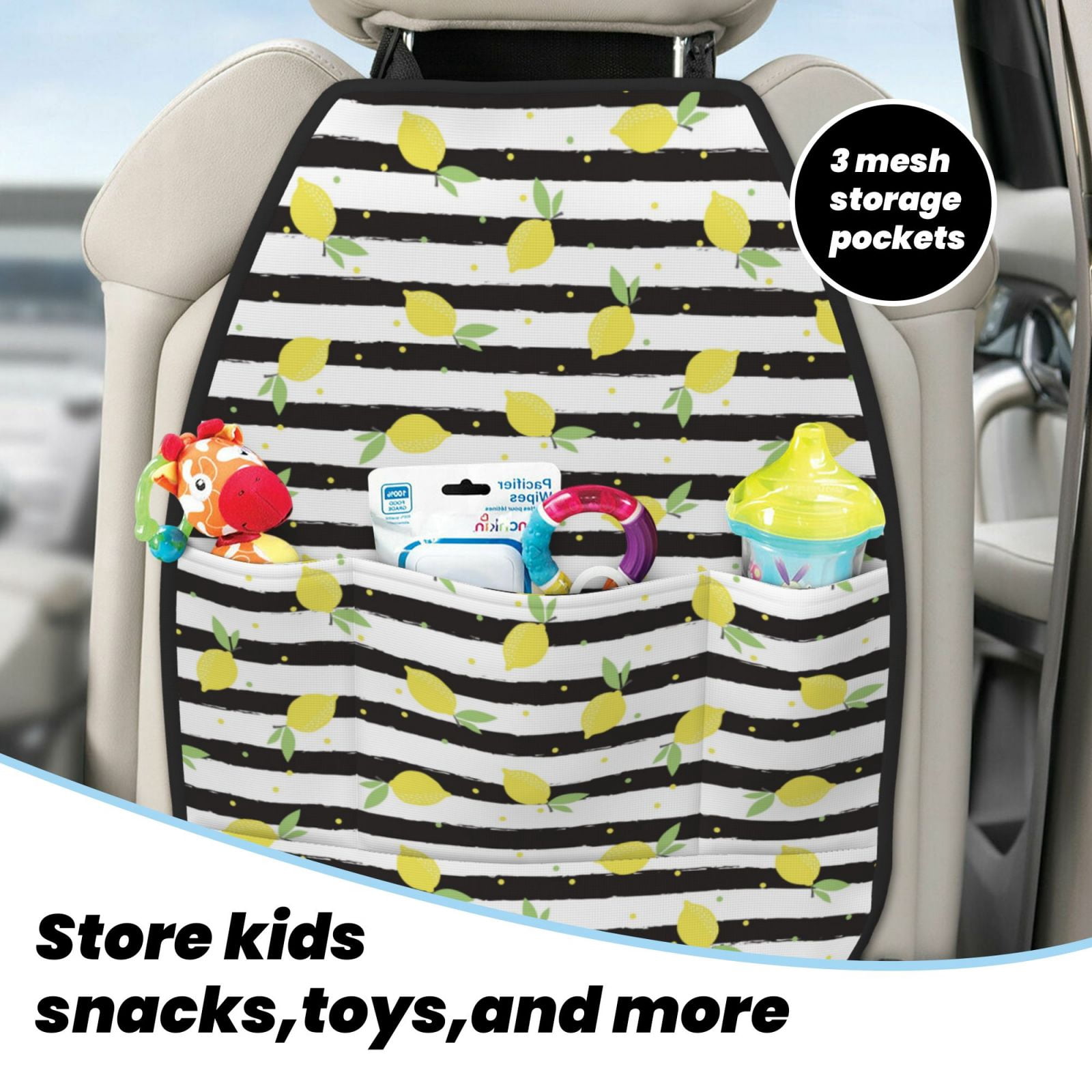 Kdxio Lemon_1 Print 2 Pack Car Kick Mat Seat Cover Back Protector Mat with Pockets for Organizer Backseat Protector and Storage Anti Kick Pad for Vehicles