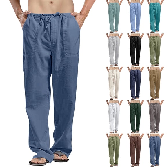 Men's Cotton Linen Pants Elastic Waist Drawstring Casual Trouser Lightweight Straight-Legs Loose Beach Yoga Pants Light Blue M