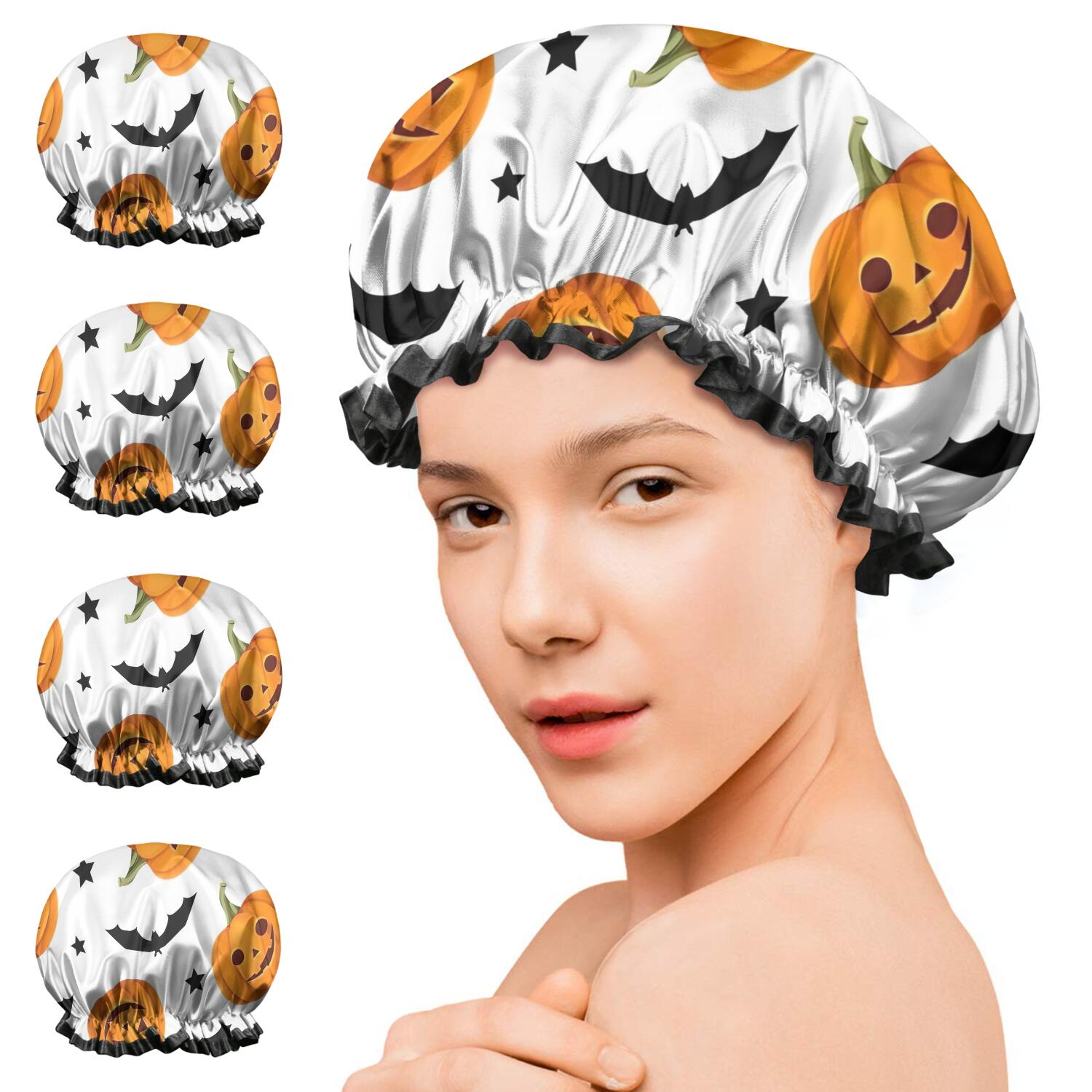 Shower Caps,Halloween Pumpkins Bats and Stars Waterproof Shower Cap for Women 4 Pieces,Double Reusable Hair Cover for Shower PEVA Elastic Stretch Hem