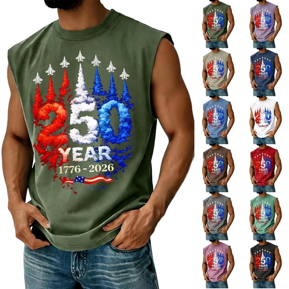 Youpwaven America 250th Anniversary Sleeveless Shirt for Men, USA 250 Year 1776-2026 Patriotic Muscle Tank Top, Fighter Jet Graphic Commemorative Apparel