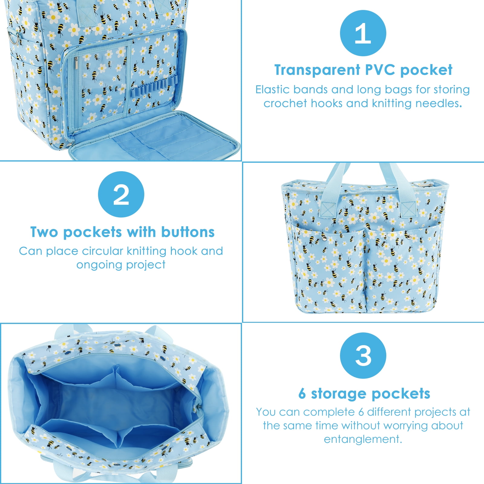 Extra Large Capacity Yarn Storage Bag Oxford Cloth Cross Stitch Bag with Shoulder Strap Knitting Bag Portable Crochet Travel Bag for Yarn Balls Crochet Hooks Knitting Needles