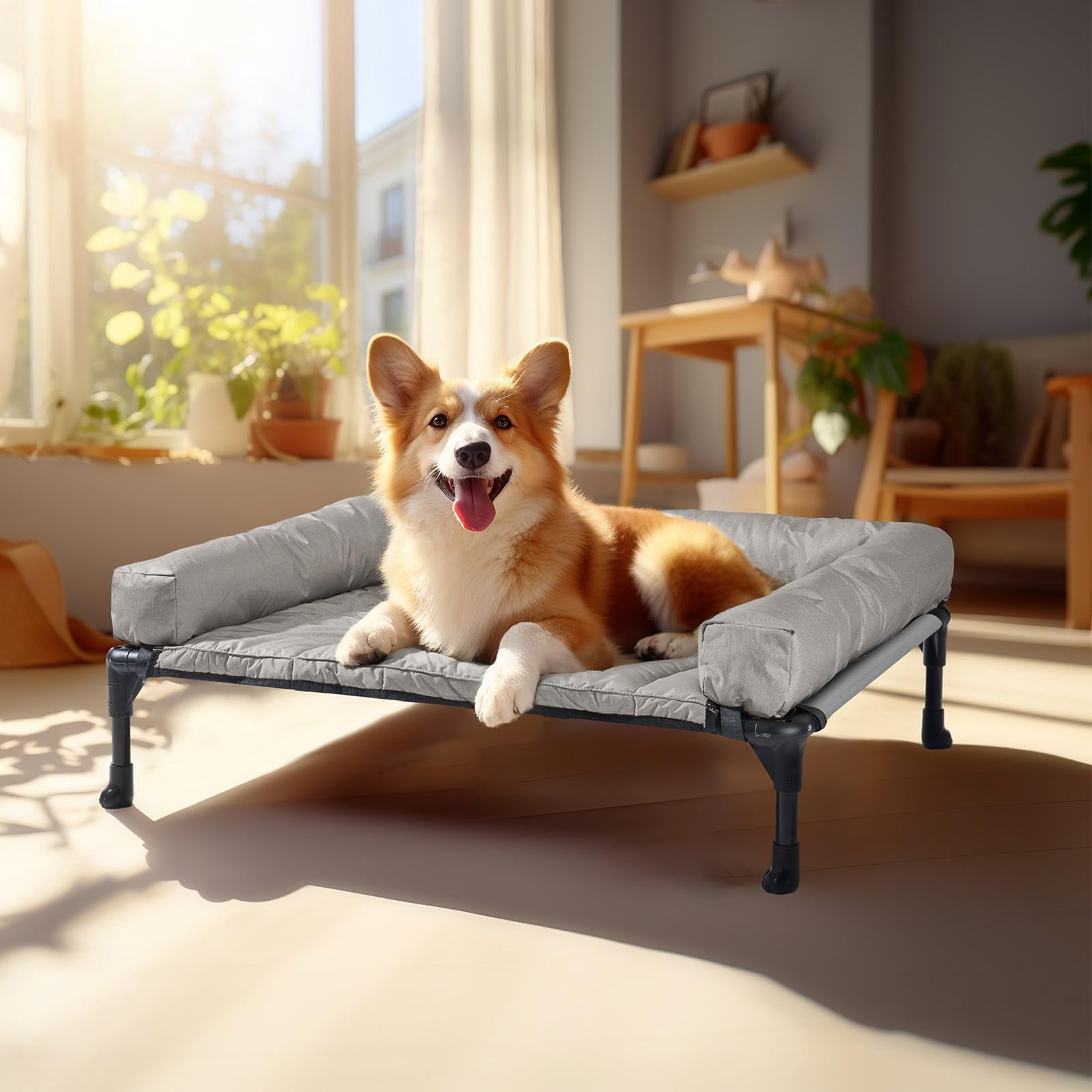 Elevated Dog Bed Add Removable Waterproof Bolster Cushion Mat  Raised Pet With Breathable Teslin Mesh No-slip Feet Couch For Indoor Outdoor 32x25inches Grey Cwc2331b