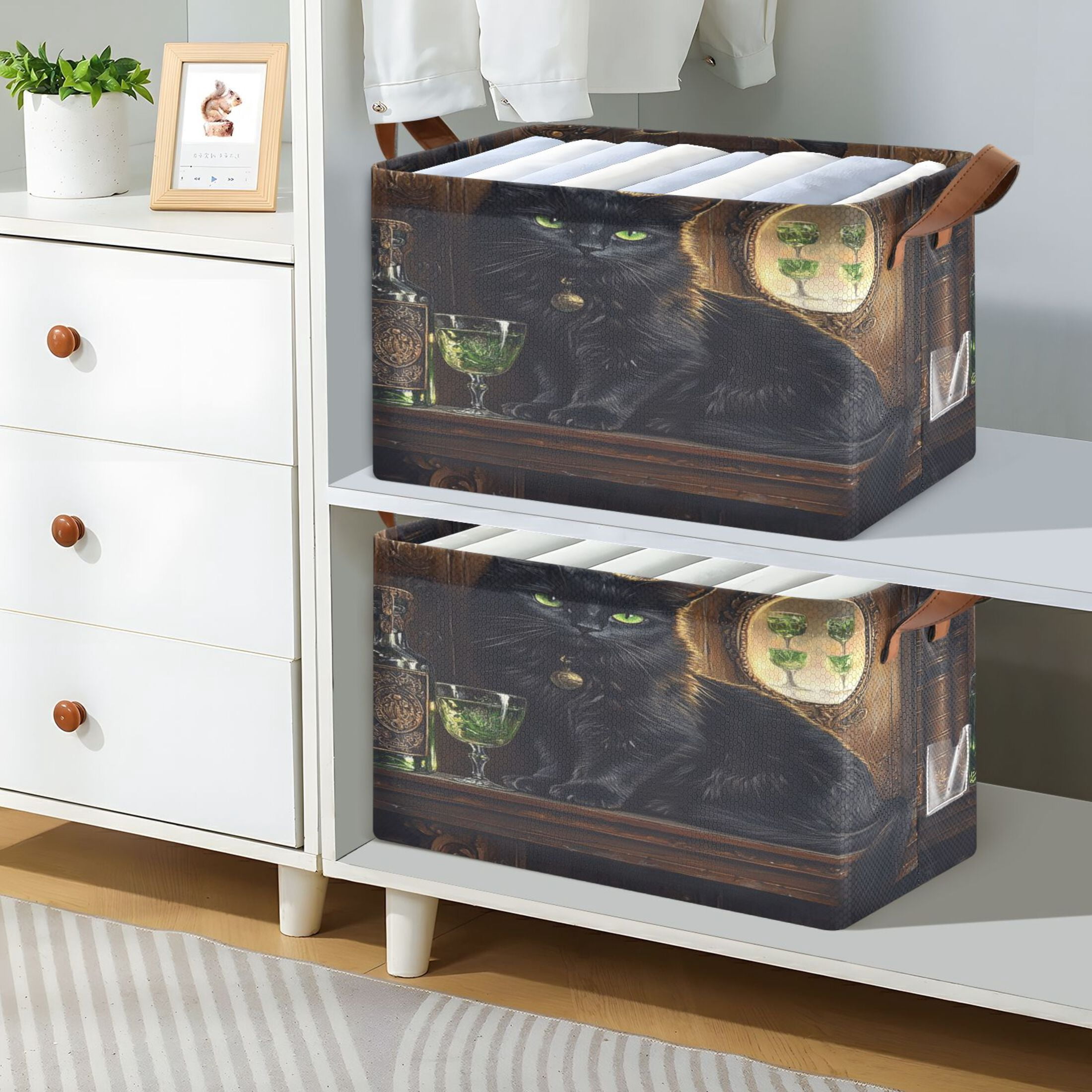 WOBOGO Black Cat with Absinthe Storage Basket 16.9×11.4×10in Collapsible Oversized with Metal Iron Frame Set of 1