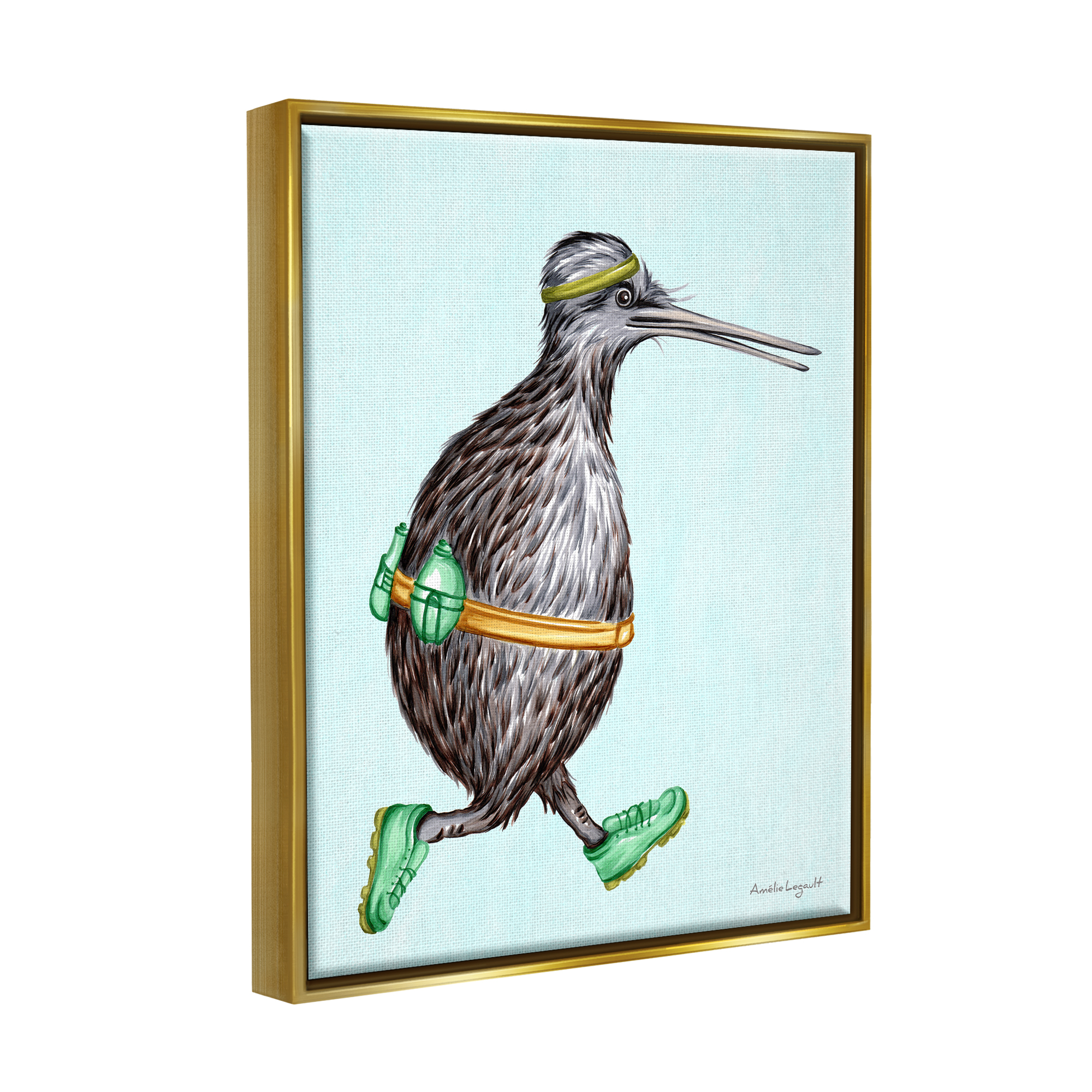 Stupell Industries Kiwi Bird Jogging Exercise Clothing Sneakers Illustration Graphic Art Metallic Gold Floating Framed Canvas Print Wall Art, Design by Amelie Legault